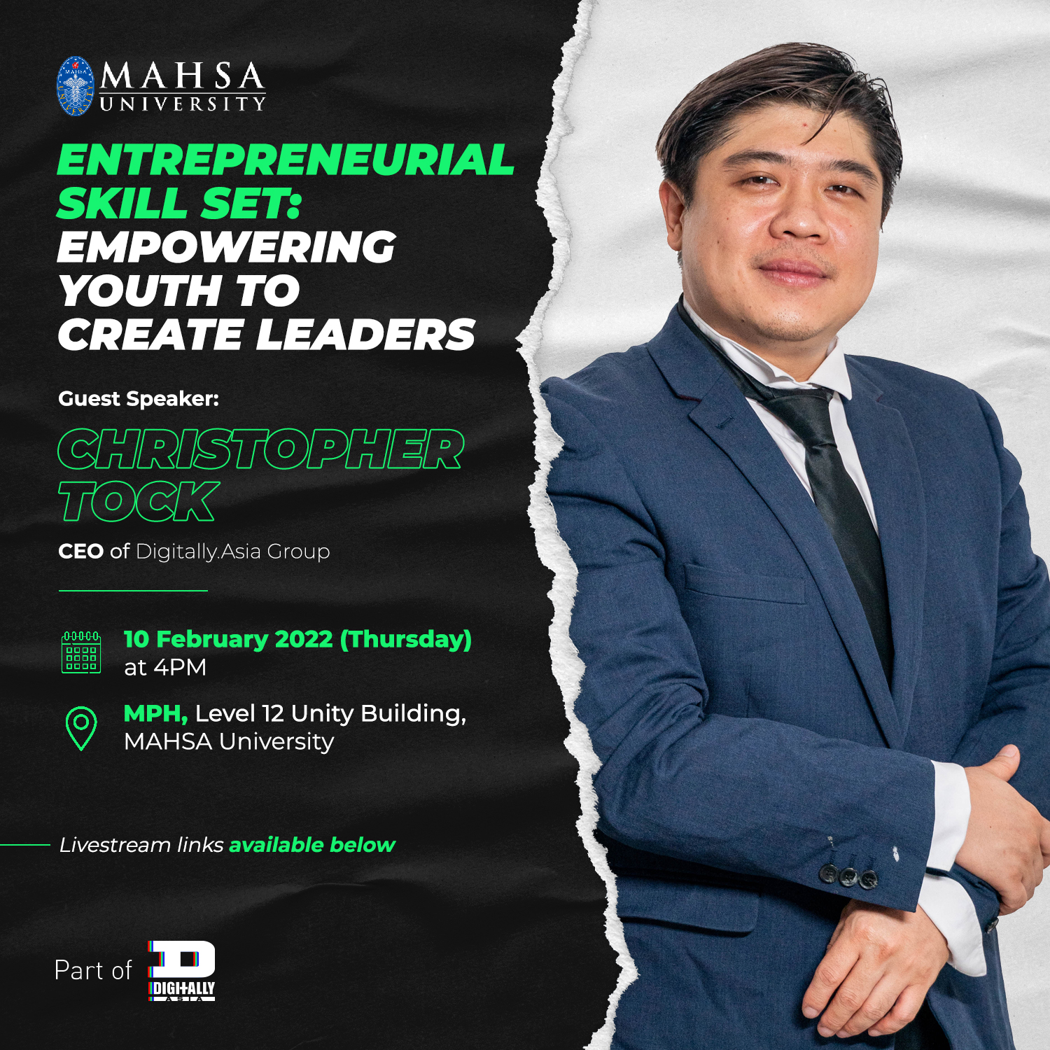 Christopher Tock is Invited as Guest Speaker for MAHSA University’s Entrepreneurial Skill Set: Empowering Youth to Create Leaders